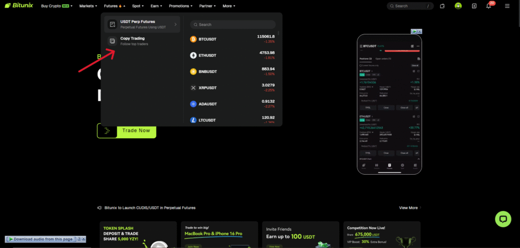 6. روی آیکون Futures ماوس خود را نگه دارید تا لیست ظاهر شود و بعد گزینه Copy Trading را انتخاب کنید
