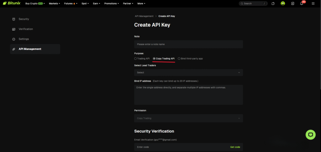 گزینه Copy Trading API را انتخاب کنید و اطلاعات خواسته شده را وارد کنید.